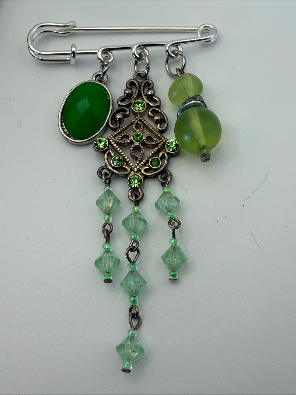 Seafoam Green Faceted Dangle Safety Pin Brooch
